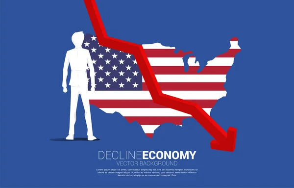 Zakenman Downturn Grafiek Met Usa Vlag Kaart Begrip Achteruitgang Van — Stockvector