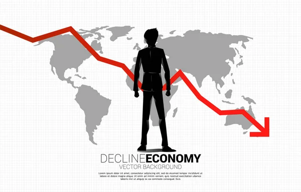 ビジネスマンと世界地図でグラフをダウンターン 世界経済の減少という概念 — ストックベクタ