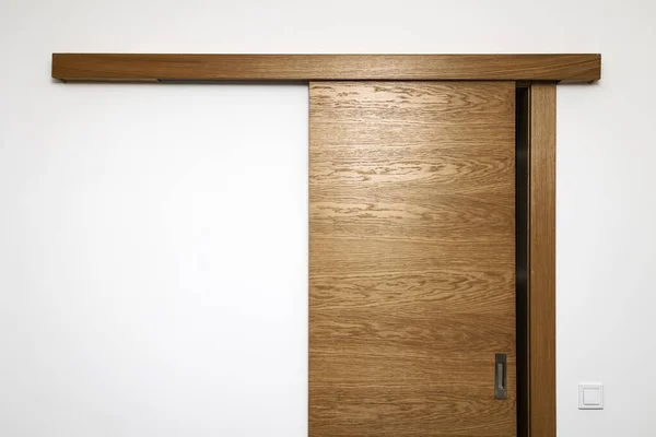 Sliding Door Rail on White Wall in Modern Apartment inside. Wooden  Doors in Small Room.