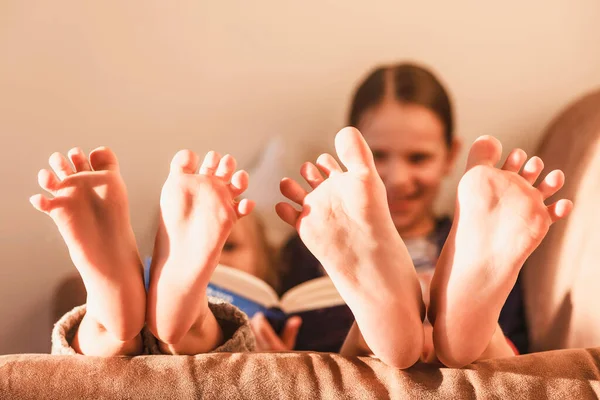 Children Barefoot Having Fun Home Read Book Together Kids Sisters — Stock Photo, Image