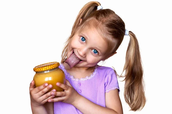 Honung Hälsosam God Mat För Barn Honung Burk Roliga Barn — Stockfoto