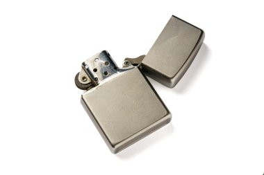 Metal gasoline lighter with an open lid on a white background.