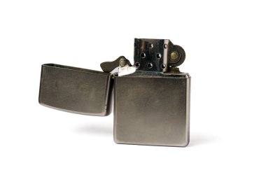 Metal gasoline lighter with an open lid on a white background