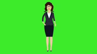 Ofisteki kadınlar sol ellerindeki çizgi film animasyon yeşil ekran krom anahtarıyla bir şey sunuyorlar.