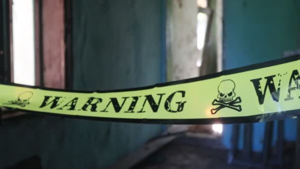 Yellow Warning Banner Restricted Area Old House — Stock Video