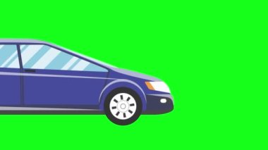 Yeşil arkaplan üzerinde çalışan araba animasyonu, düz çizgi film grafik biçimi
