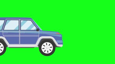 Yeşil arkaplan üzerinde çalışan araba animasyonu, düz çizgi film grafik biçimi