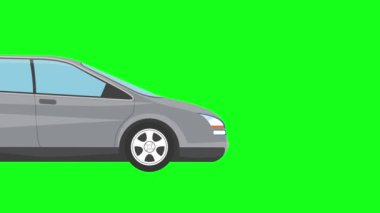 Yeşil arkaplan üzerinde çalışan araba animasyonu, düz çizgi film grafik biçimi