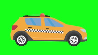Yeşil ekranda çalışan taksi arabası, düz grafik animasyonu, kusursuz döngü