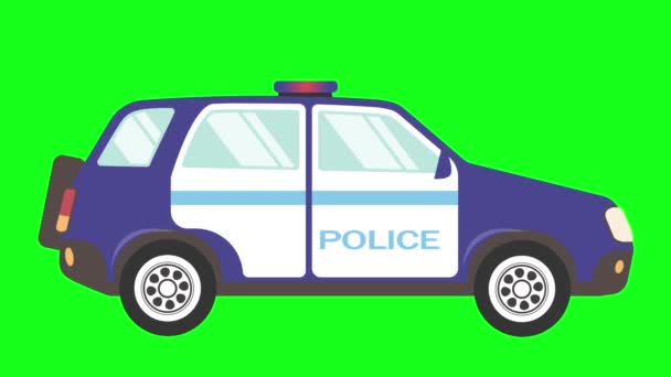 Cartoon Επίπεδη Σχεδίαση Αστυνομικό Αυτοκίνητο Που Τρέχει Πράσινο Φόντο Οθόνη — Αρχείο Βίντεο