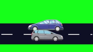 Yolda çalışan arabalar, yeşil ekran arka planında çizgi film animasyonu