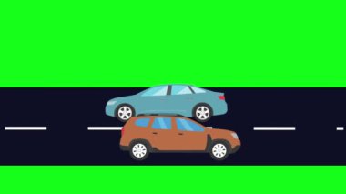 Yolda çalışan arabalar, yeşil ekran arka planında çizgi film animasyonu