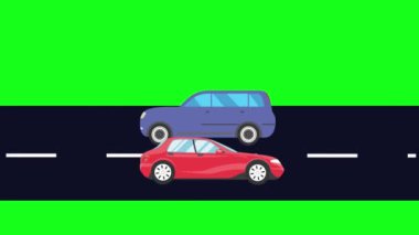 Yolda çalışan arabalar, yeşil ekran arka planında çizgi film animasyonu
