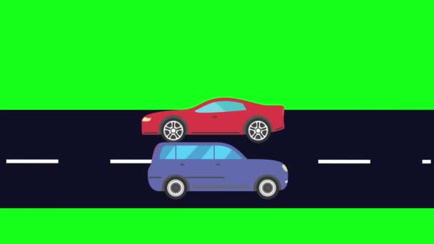 道路で車を走らせる 緑のスクリーンの背景に漫画アニメーション — ストック動画
