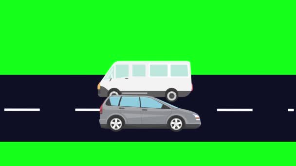 Biegające Samochody Drodze Animacja Kreskówek Zielonym Tle Ekranu — Wideo stockowe