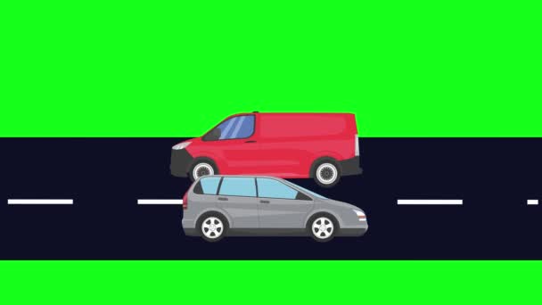 道路で車を走らせる 緑のスクリーンの背景に漫画アニメーション — ストック動画