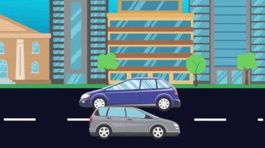 Şehirde yolda giden arabalar, düz çizgi film animasyonları.