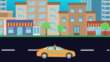 Şehirde yolda giden arabalar, düz çizgi film animasyonları.