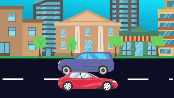 Running Cars Road City Flat Cartoon Animation — Stock Video