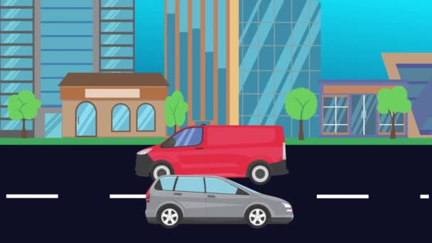Correr Coches Carretera Ciudad Animación Dibujos Animados Planos — Vídeos de Stock