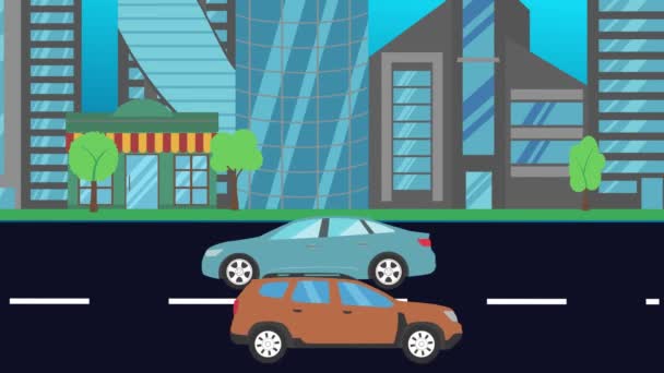 Correr Coches Carretera Ciudad Animación Dibujos Animados Planos — Vídeo de stock