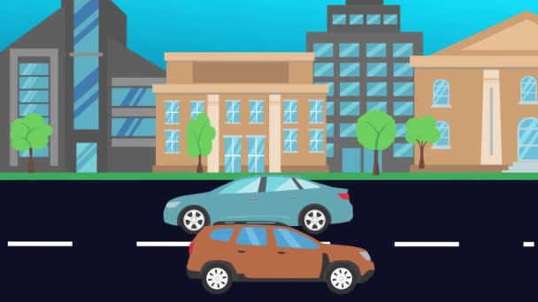Şehirde Yolda Giden Arabalar Düz Çizgi Film Animasyonları — Stok video