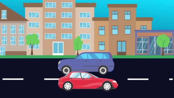 Τρέχοντας Αυτοκίνητα Στο Δρόμο Στην Πόλη Επίπεδη Κινούμενα Σχέδια Animation — Αρχείο Βίντεο