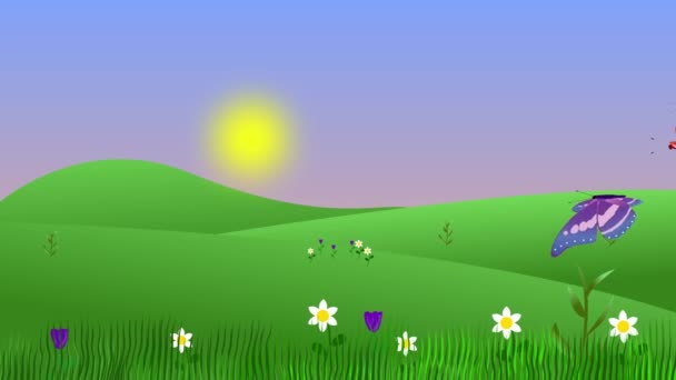 Frühling Umwelt Animation Flachen Design Hintergrund Natur Feld Mit Schmetterlingen — Stockvideo