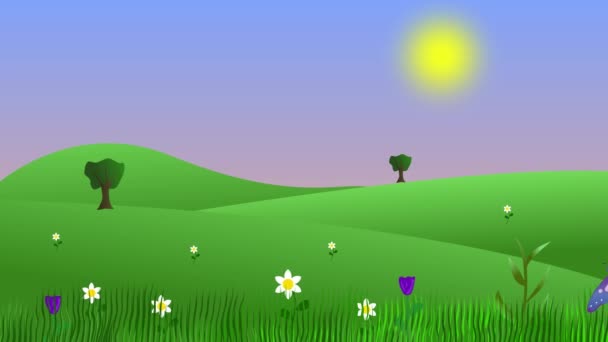 春季环境2D动画平面设计背景 有蝴蝶的自然场 — 图库视频影像