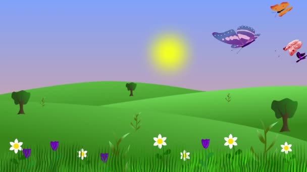 Spring Environment Animation Flat Design Background Nature Field Butterflies — Stock Video