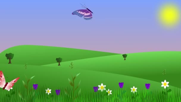 Wiosna Środowisko Animacja Płaski Design Tło Natura Pole Motylami — Wideo stockowe