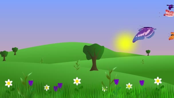 春季环境2D动画平面设计背景 有蝴蝶的自然场 — 图库视频影像