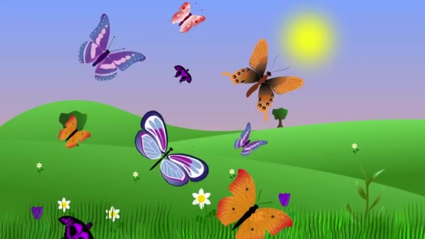Desenhos Animados Primavera Natureza Paisagem Com Borboletas Voando Fundo — Vídeo de Stock