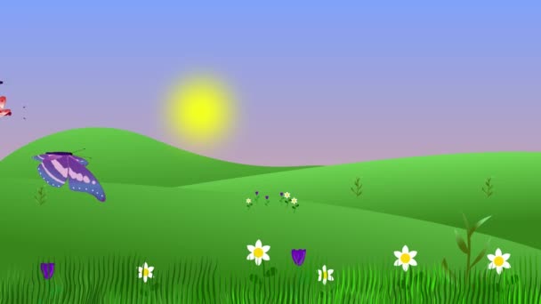 Kreskówka Animowany Wiosenny Krajobraz Przyrody Motyli Latających Tle — Wideo stockowe