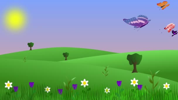 Мультфільм Анімований Весняний Пейзаж Природи Метеликами Літають Фоні — стокове відео