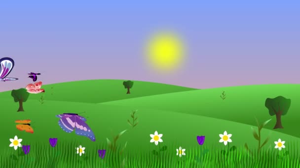 Desenhos Animados Primavera Natureza Paisagem Com Borboletas Voando Fundo — Vídeo de Stock