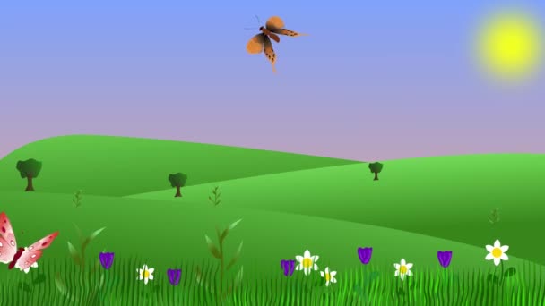 Tecknad Animerad Våren Natur Landskap Med Fjärilar Flyger Bakgrunden — Stockvideo