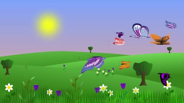 Cartoon Animierte Frühlingslandschaft Mit Schmetterlingen Die Auf Dem Hintergrund Fliegen — Stockvideo