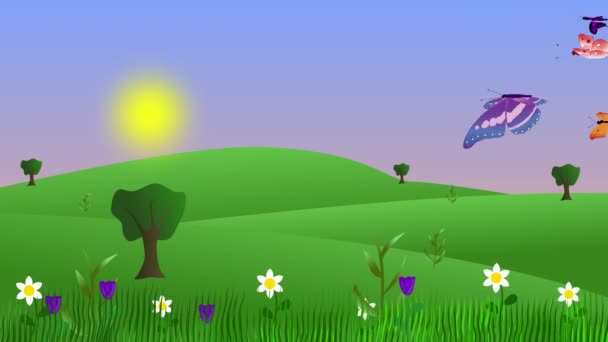 Dibujos Animados Primavera Naturaleza Paisaje Con Mariposas Volando Fondo — Vídeo de stock