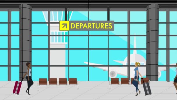 Donne Che Camminano Sull Aeroporto Con Carrello Bagagli Sfondo Animazione — Video Stock