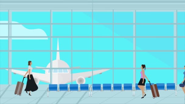 荷物トロリー付きの空港を歩く女性 フラット漫画アニメーションの背景 — ストック動画