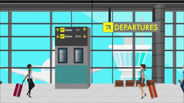 Kobiety Spacerujące Lotnisku Wózkiem Bagażowym Płaska Animacja Tła — Wideo stockowe