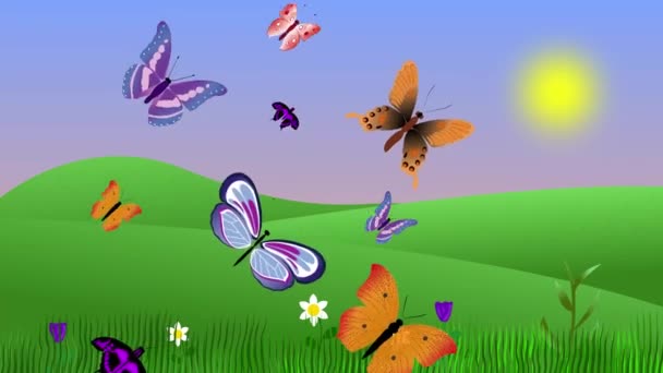 Wiosenna Animacja Środowiska Motylami Polami Płaskie Graficzne Tło Kreskówki — Wideo stockowe