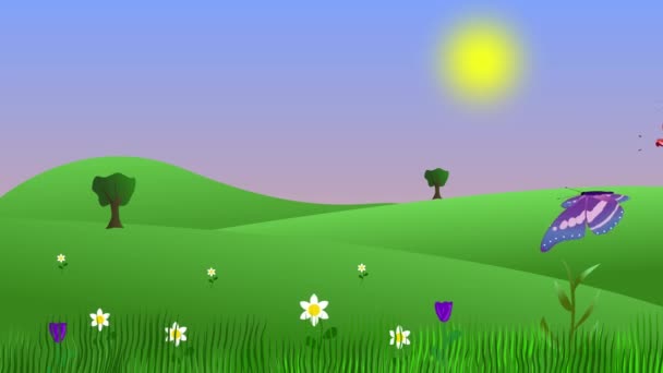 春天里有蝴蝶和田野的动画 平面漫画背景 — 图库视频影像