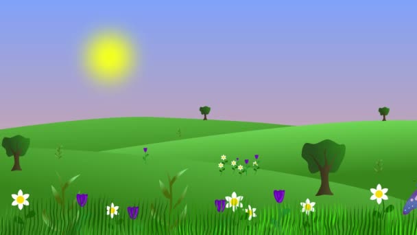 Tavaszi Környezet Animáció Pillangók Mezők Lapos Grafikus Rajzfilm Háttér — Stock videók