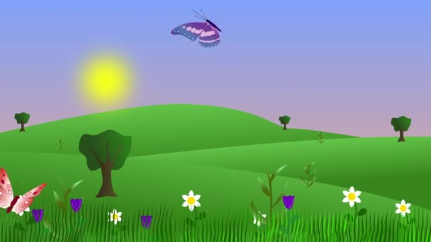Kelebek Tarlalı Bahar Ortamı Animasyonu Düz Grafik Karikatür Arka Planı — Stok video