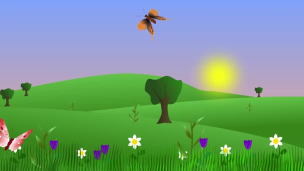 Frühling Umwelt Animation Mit Schmetterlingen Und Feldern Flachen Grafischen Cartoon — Stockvideo
