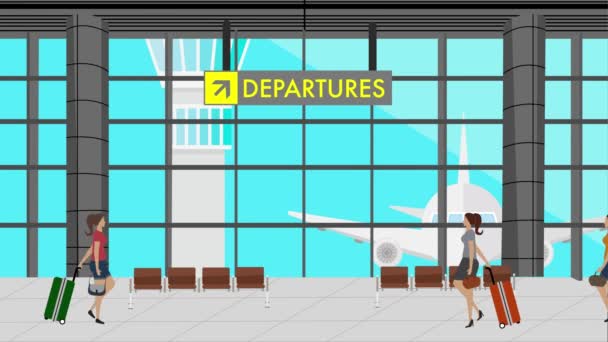 Donne Persone Piedi Aeroporto Cartone Animato Scena Sfondo Viaggio — Video Stock