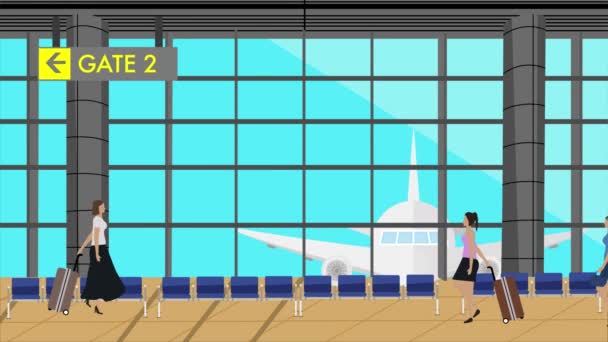 Kobiety Spacerujące Lotnisku Animowana Scena Kreskówek Tło Podróży — Wideo stockowe