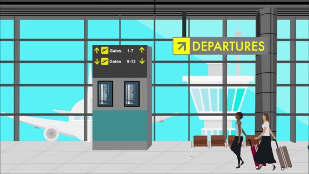 Mulheres Pessoas Andando Aeroporto Desenho Animado Cena Fundo Viagem — Vídeo de Stock